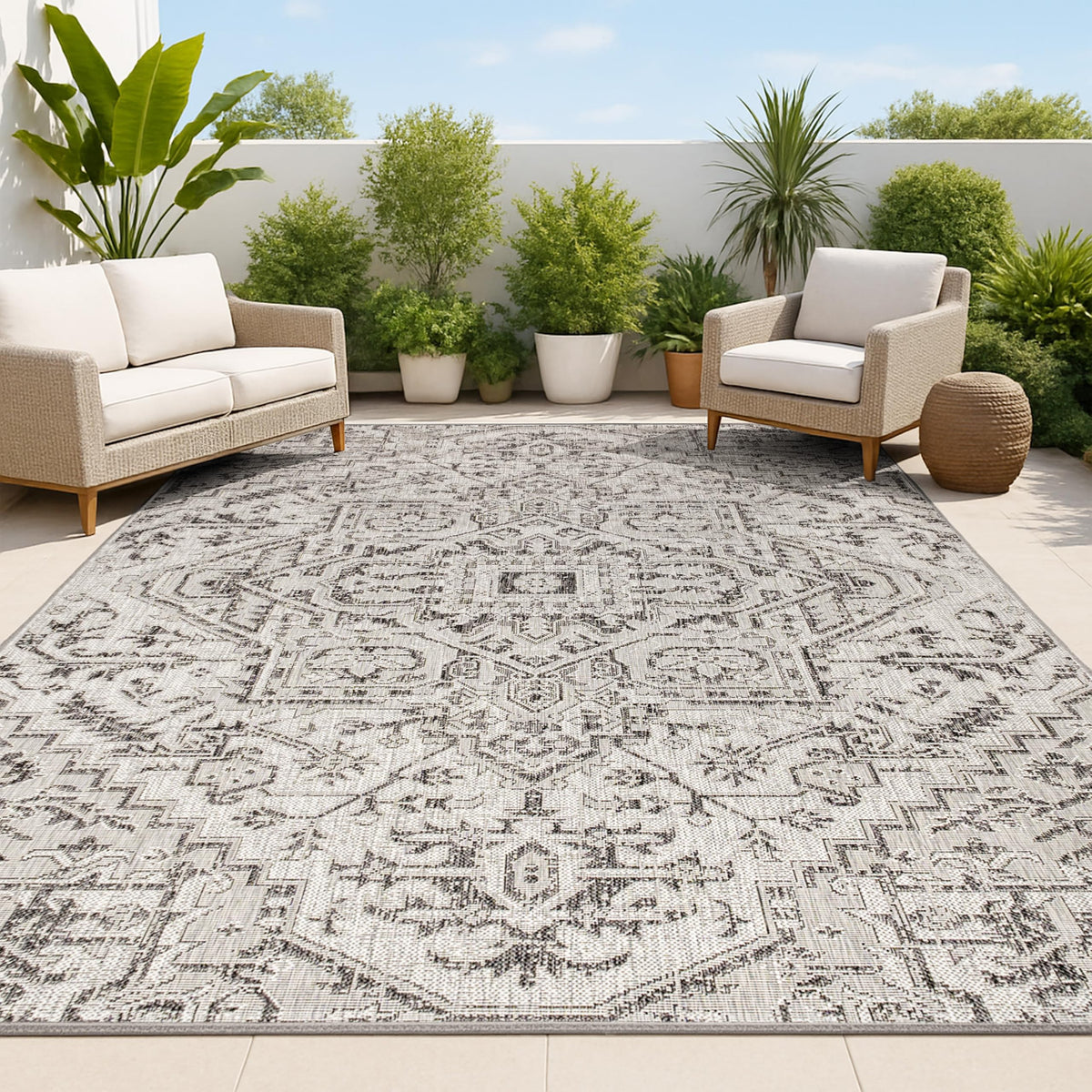 JONATHAN Y Boho Medallion Indoor Outdoor Area Rug 9X12 Navy/Gray, Estrella Textured Weave for Backyard, Patio, Porch, Easy-Cleaning, High Traffic, Pet-Friendly, Non-Shedding (SMB105B-9)