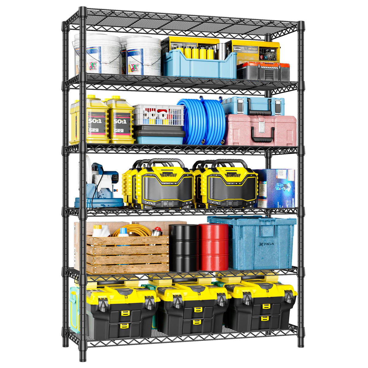 IZEUK 5-Tier Adjustable Heavy Duty Steel Wire Shelving Unit with Wheels, Storage Rack Organizer for Garage, Kitchen, Office, Laundry, Basement (Black, 17.7" D x 47.2" W x 76.7" H, 1750 lbs Capacity)