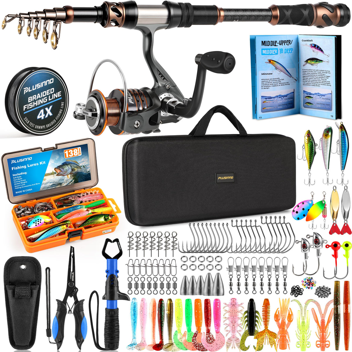 PLUSINNO Fishing Rod and Reel Combo with Telescopic Fishing Pole, Portable Travel Fishing Rods Kit with Tackle Box Carrier Bag & Manuals, Fishing Gear Tool Kit for Freshwater, Fishing Gifts for Men