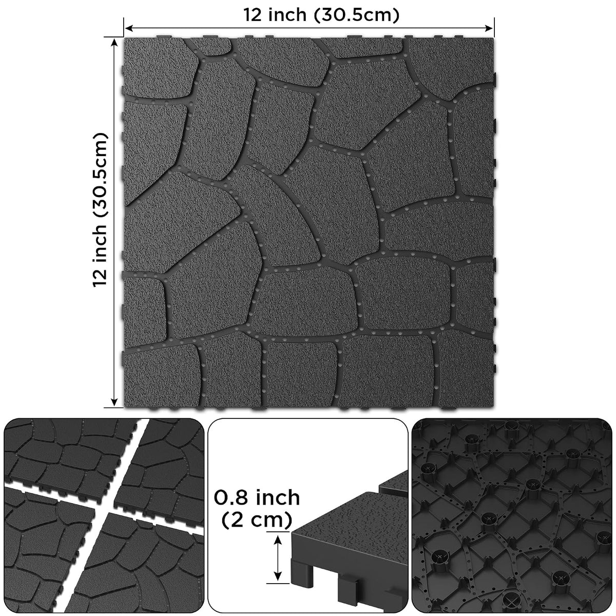 12" Patio Deck Tile, Patio Flooring, 44 Packs Deck Tiles Interlocking Outdoor All Weather, Flooring Tiles for Balcony, Backyard Pool decking Tiles, Easy Installation, Dark Gray - Stone Texture