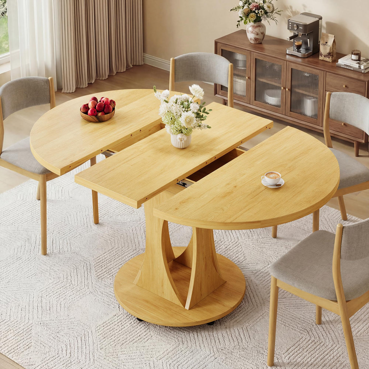iPormis Round Dining Table, 47'' Kitchen Table for 4-6, Dining Room Dinner Table with Wooden Tabletop & Geometric Arcs Pedestal for Kitchen, Living Room, Home, Office, Walnut