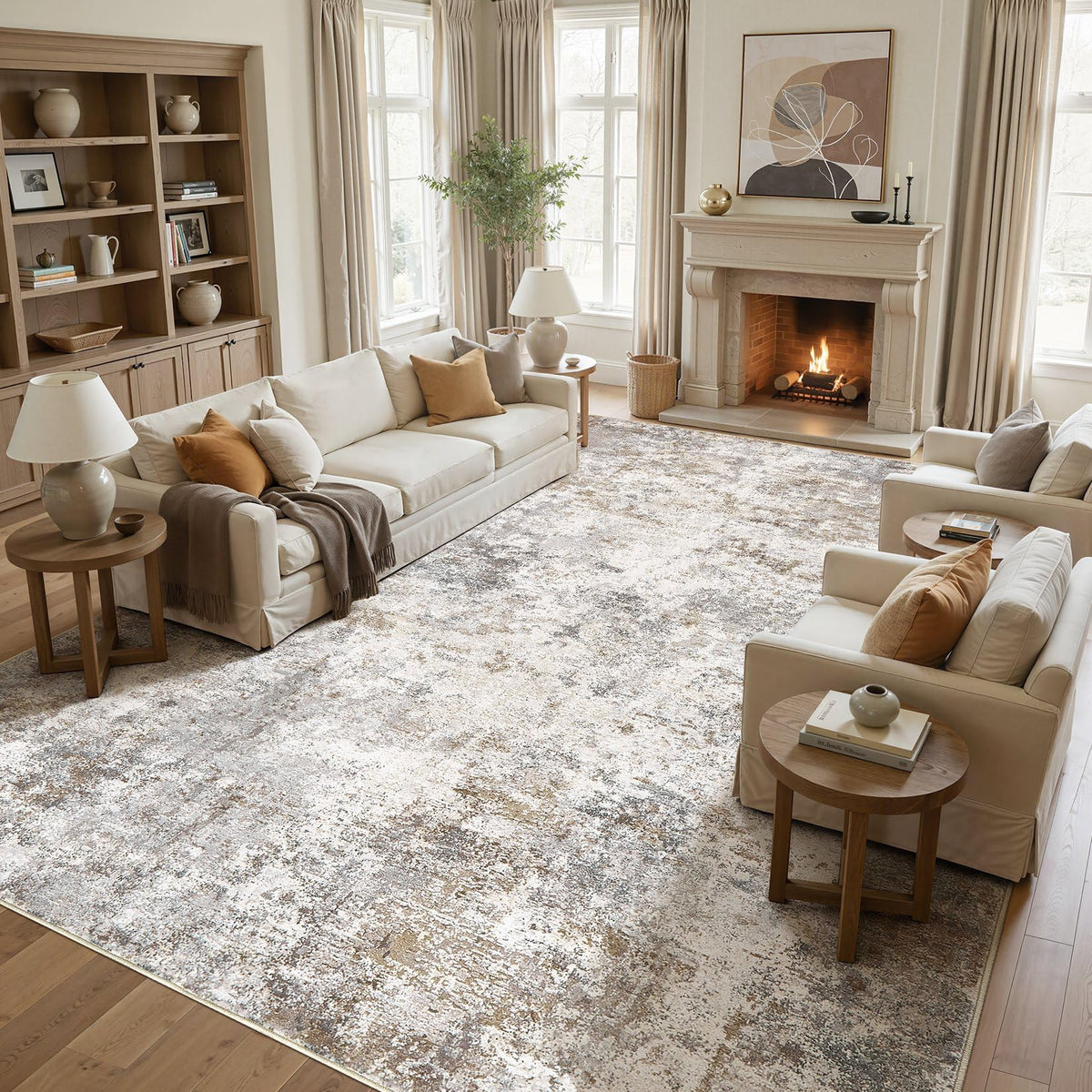 UERMEI 9x12 Area Rug Living Room Rugs - Washable Neutral Modern Abstract Soft Thin Large Rug Indoor Floor No Slip Rug Carpet for Bedroom Under Dining Table Home Office Decor - Brown Grey