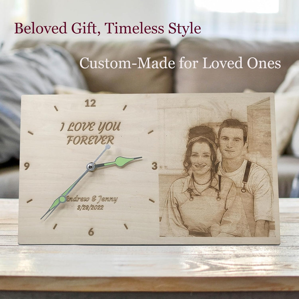 Large Personalized Wooden Clock - Customizable with Photos and Text, Battery Operated