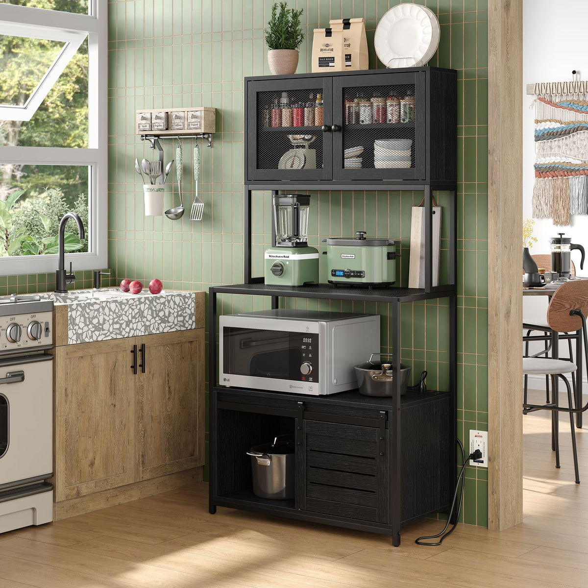 Furniouse 6-Tier Kitchen Bakers Rack with Power Outlet, Industrial Microwave Oven Stand with Shelves, Dust Prove Door, Standing Storage Rack (Black)