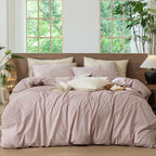 MooMee Striped Duvet Cover Set 100% Washed Cotton Linen Like Queen