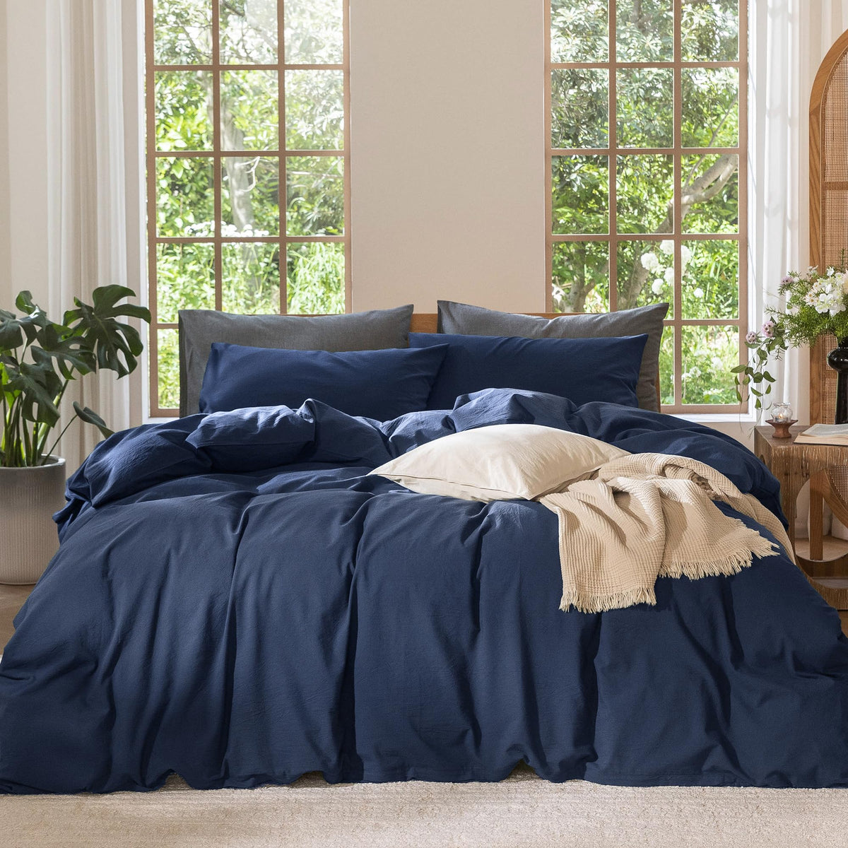 MooMee Duvet Cover Set 100% Washed Cotton Linen Like King