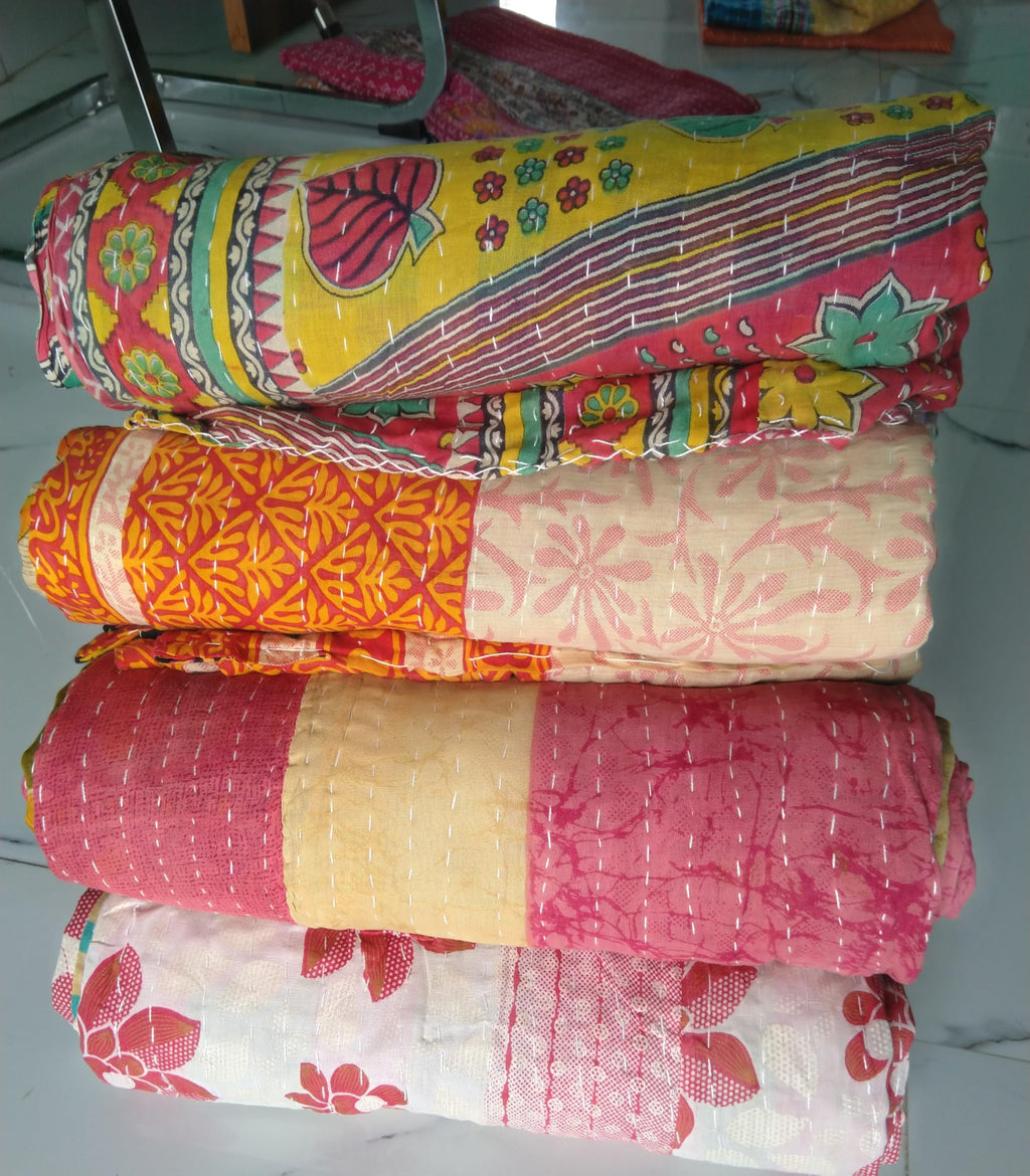 Handmade Vintage Kantha Quilt 3-Layer Cotton Blanket, Bohemian Kantha Throw, Reversible Patchwork Gudari Blanket for Bed, Couch, Sofa (54 x 84 1pices)