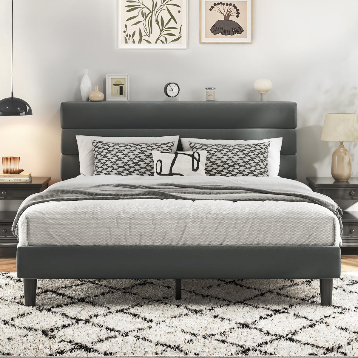 Fluest King Size Bed Frame, Platform Bed Frame with Velvet Upholstered Headboard, No Box Spring Needed, Sturdy Metal Support, Noise Free, Easy Assembly, Beige