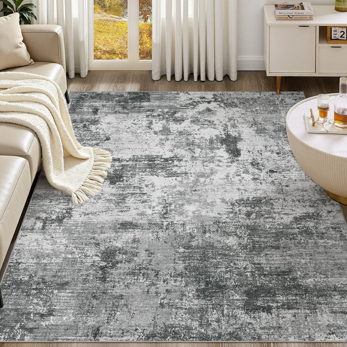 UERMEI 9x12 Area Rug Living Room Rugs - Washable Neutral Modern Abstract Soft Thin Large Rug Indoor Floor No Slip Rug Carpet for Bedroom Under Dining Table Home Office Decor - Brown Grey