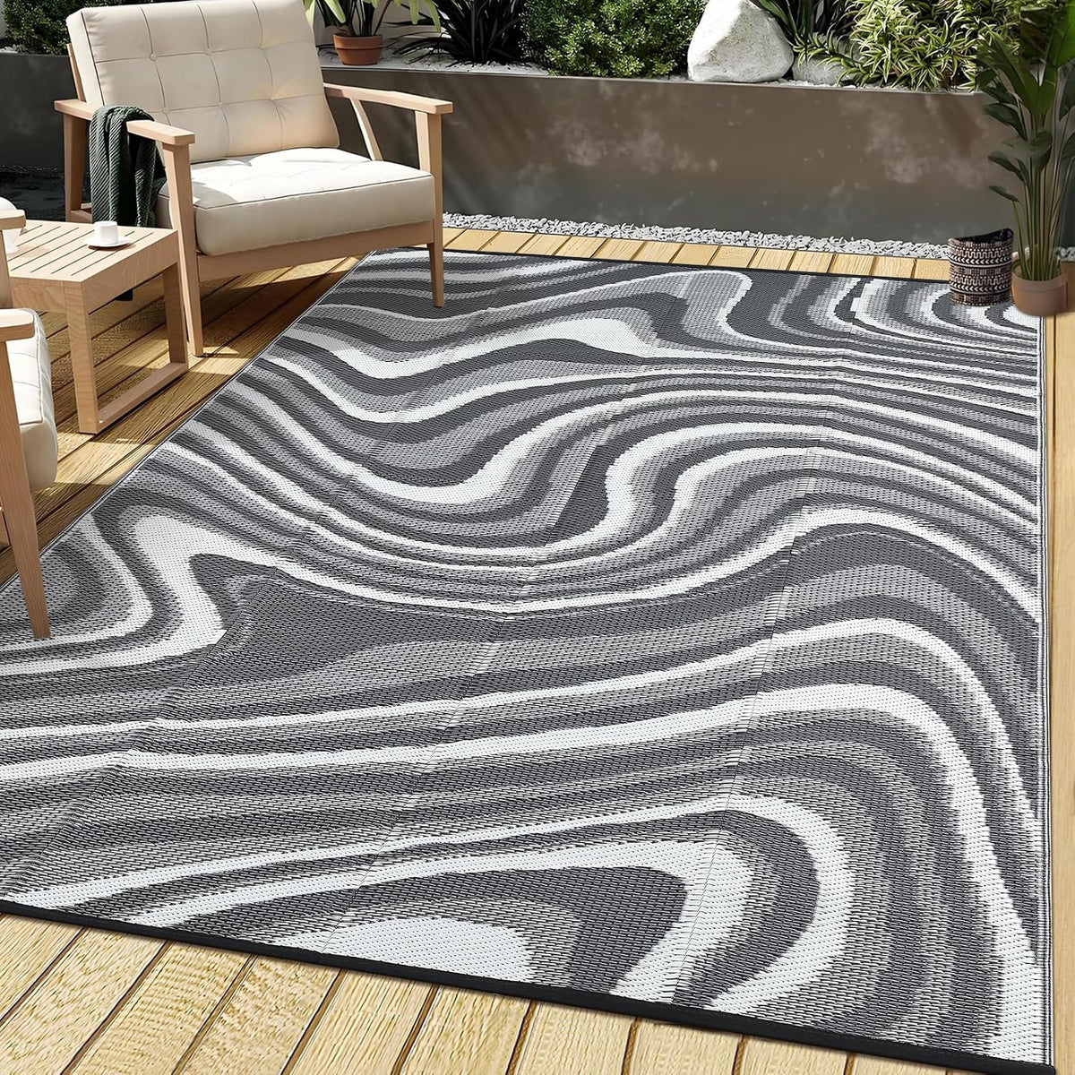 Garvee 5x8 Outdoor Rug Waterproof Modern Plastic Straw Rugs, Black Grey