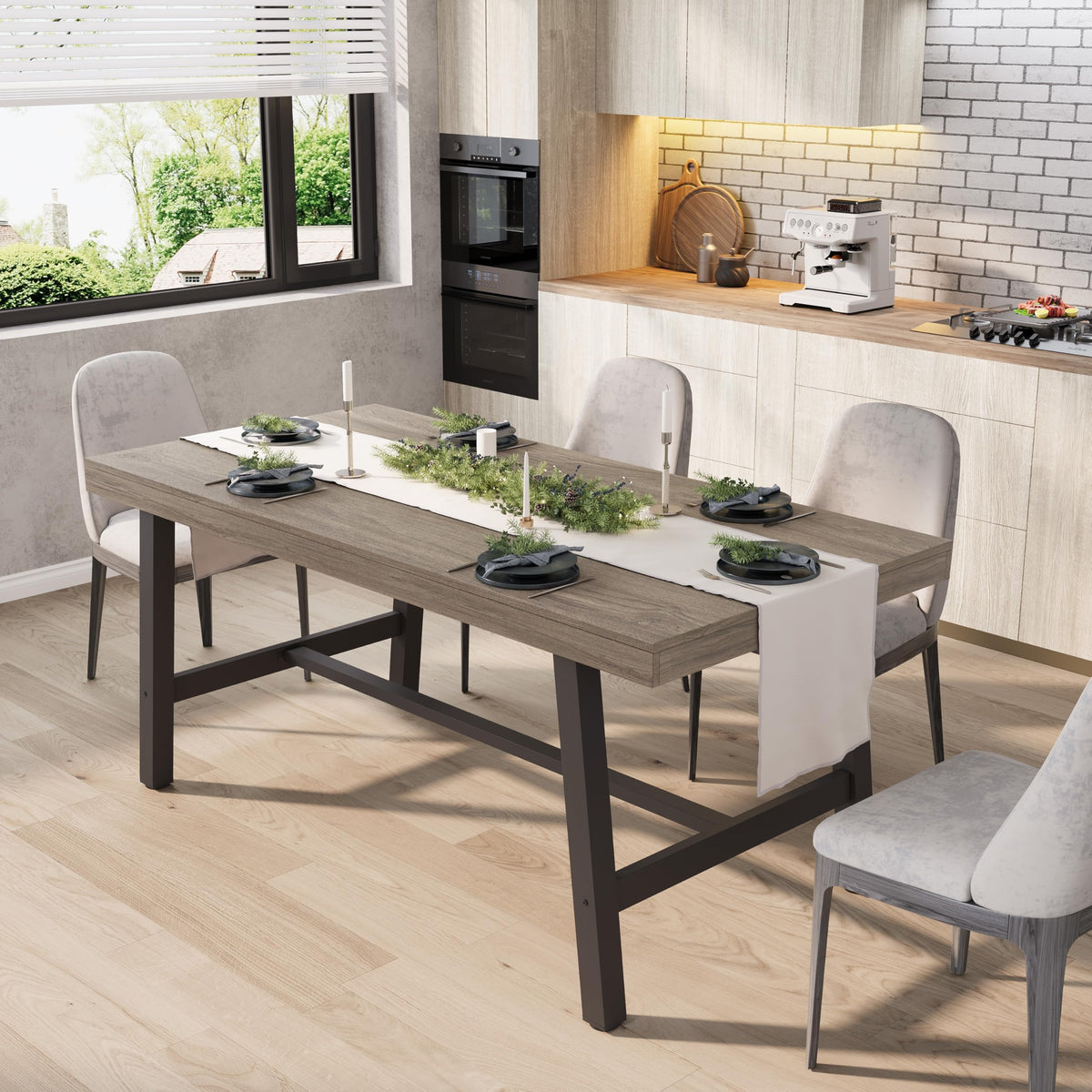 GarveeHome Industrial Dining Table for 6-8 People, 70.87" Long Large Kitchen Table with Sturdy Metal Frame, Rectangular Counter for Dinner, Kitchen, Dining Room (Grey, 71" Non-extendable)