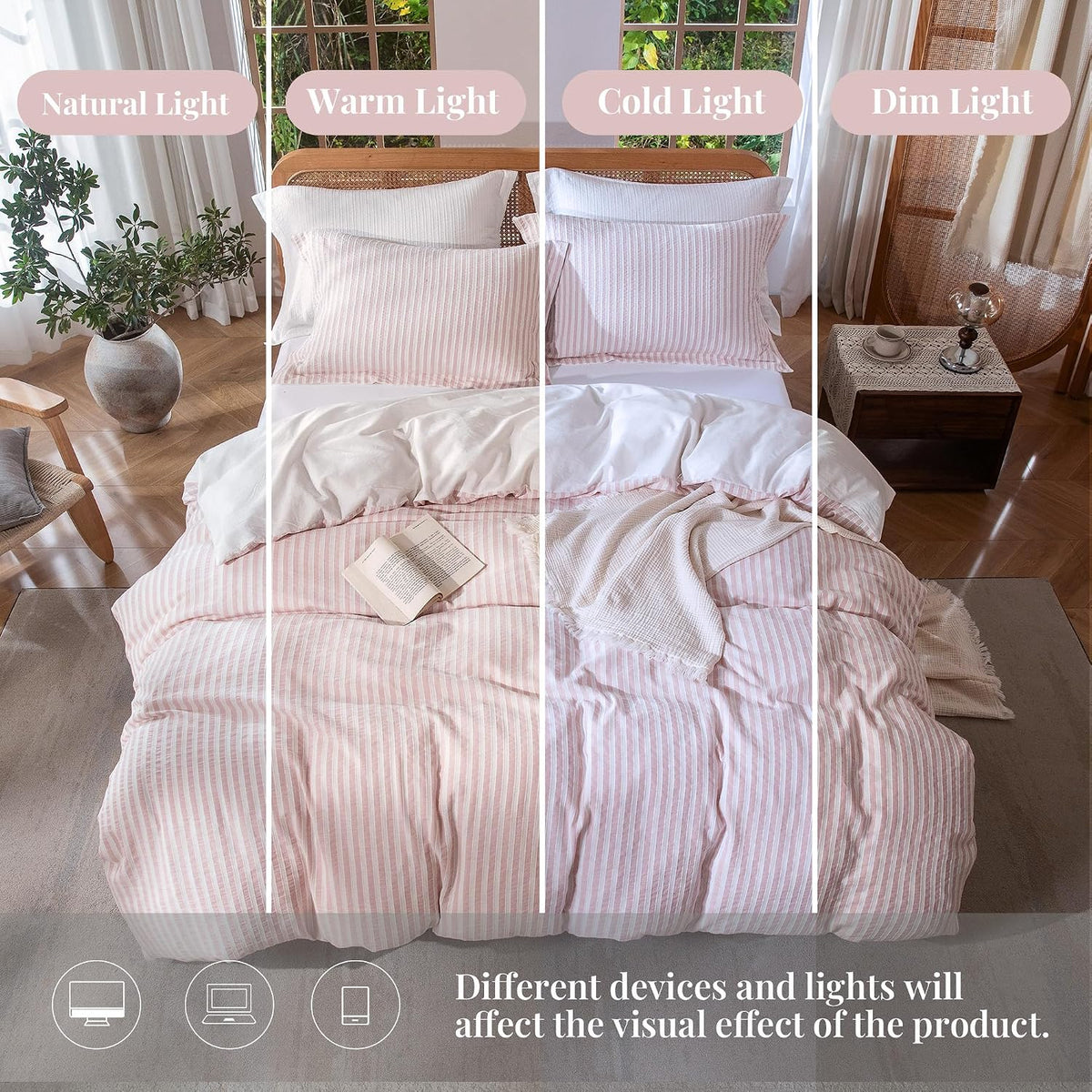 MILDLY Jacquard Striped Duvet Cover Set 3pcs Dual Zipper Pink Queen