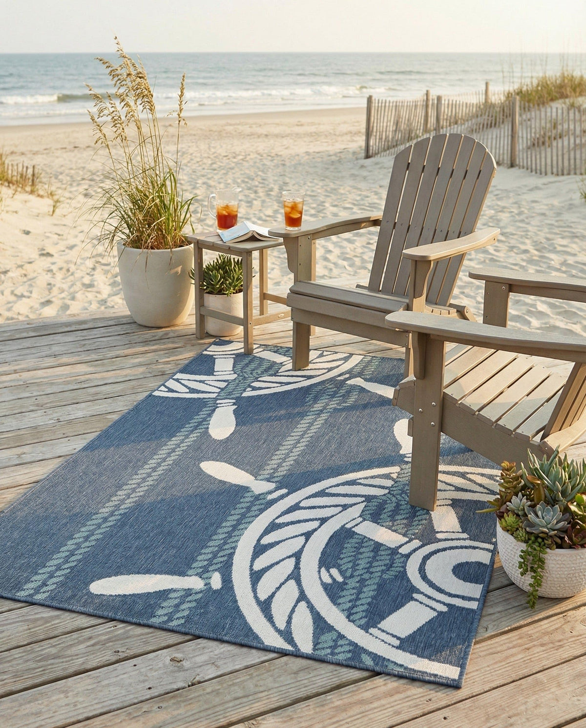 Rugs.com - Outdoor Coastal Rug – 5' 3 x 8' Navy Blue Washable Indoor/Outdoor Rug – Nautical Ship Wheel Design for Patios, Decks, and Porches