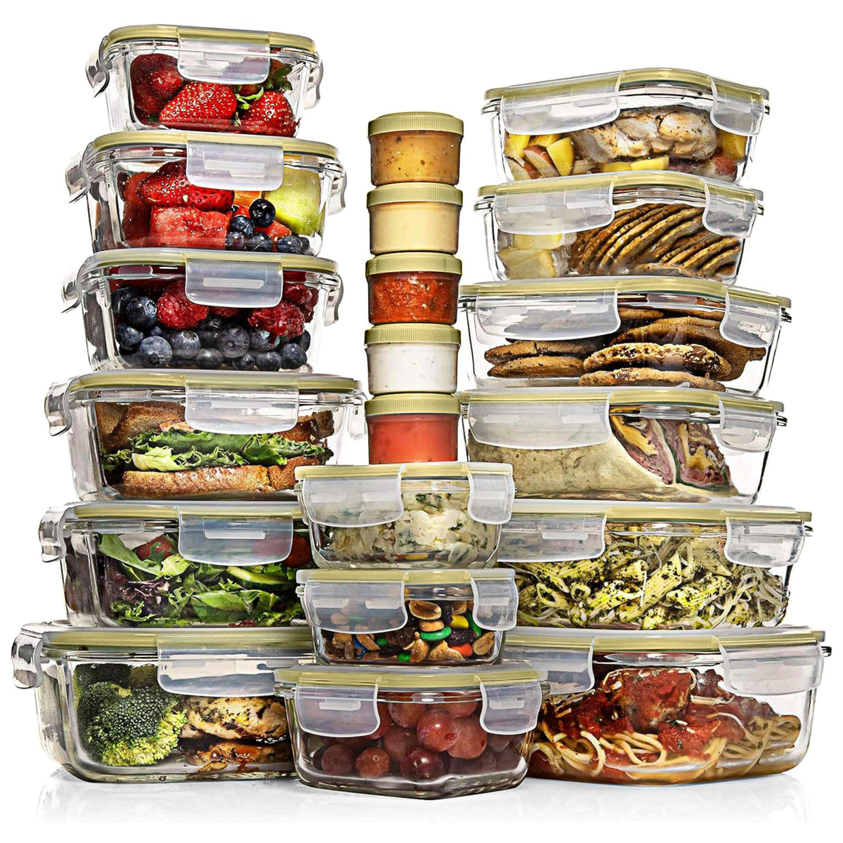 Razab 35 Pc Set Glass Food Storage Containers with Lids - Meal Prep Airtight Bento Boxes BPA-Free 100% Leak Proof (15 lids,15 glass & 5 Plastic Sauce/Dip Containers)