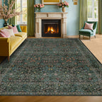 Floral Dark Green Washable Area Rugs 8x10, Vintage Living Room Rug