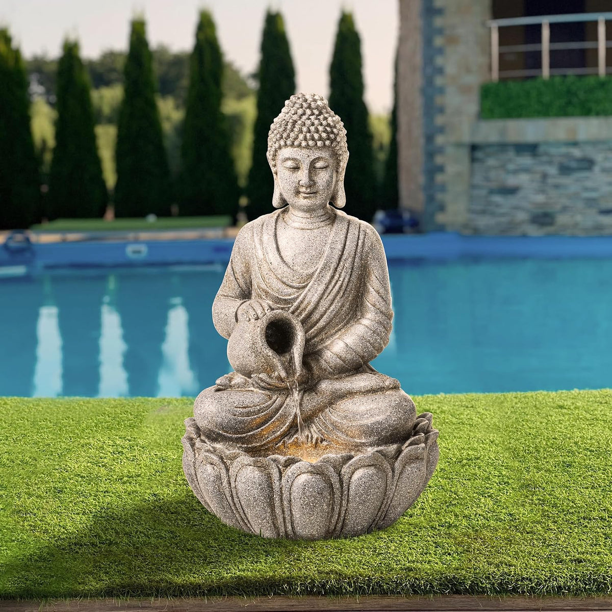 Glitzhome Buddha Statues, 20.5"H Zen Style Outdoor Buddha Fountian with LED Light & Pump, Outdoor Floor Freestanding Fountain Meditative Garden Buddha Sculptures & Statues for Garden Porch Lawn Decor