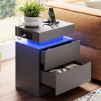 LIKIMIO Nightstand with Charging Station LED Light and 2 Drawers Black