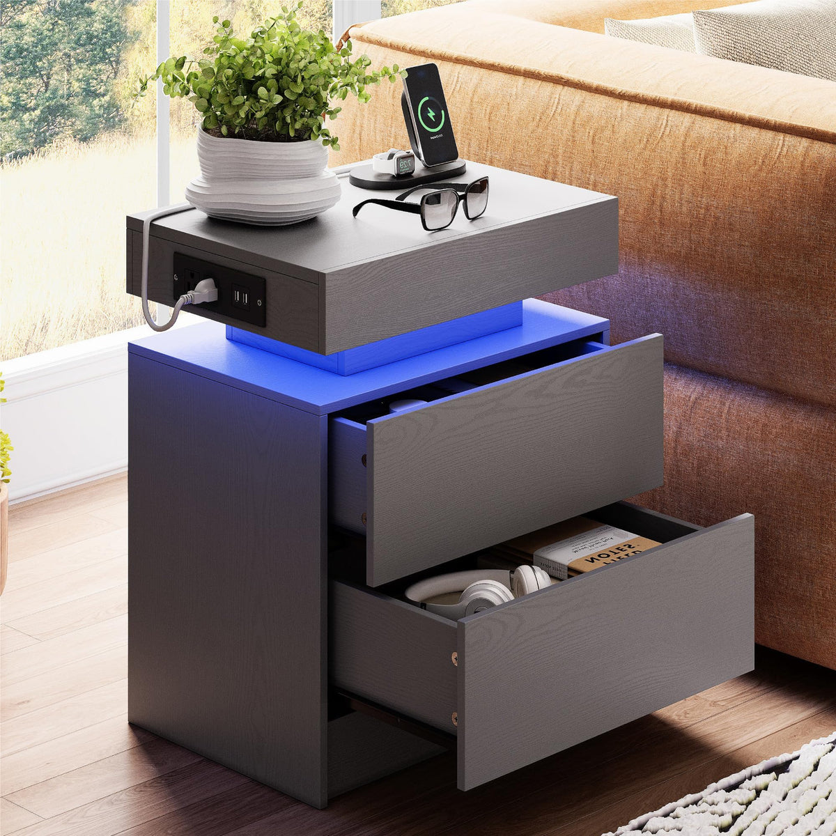 LIKIMIO Nightstand with Charging Station LED Light and 2 Drawers Black