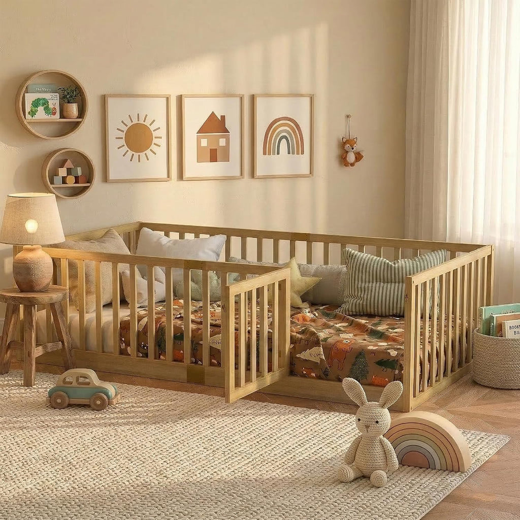 Twin Montessori Floor Bed with High Rails, Door & Slats for Kids, Natural