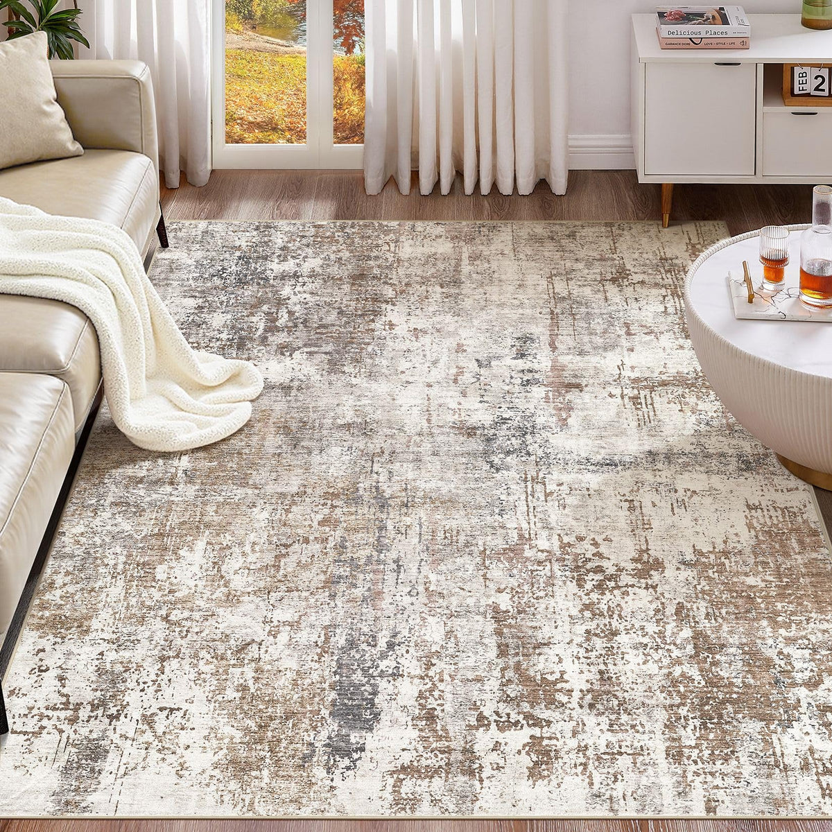 UERMEI 9x12 Area Rug Living Room Rugs - Washable Neutral Modern Abstract Soft Thin Large Rug Indoor Floor No Slip Rug Carpet for Bedroom Under Dining Table Home Office Decor - Brown Grey