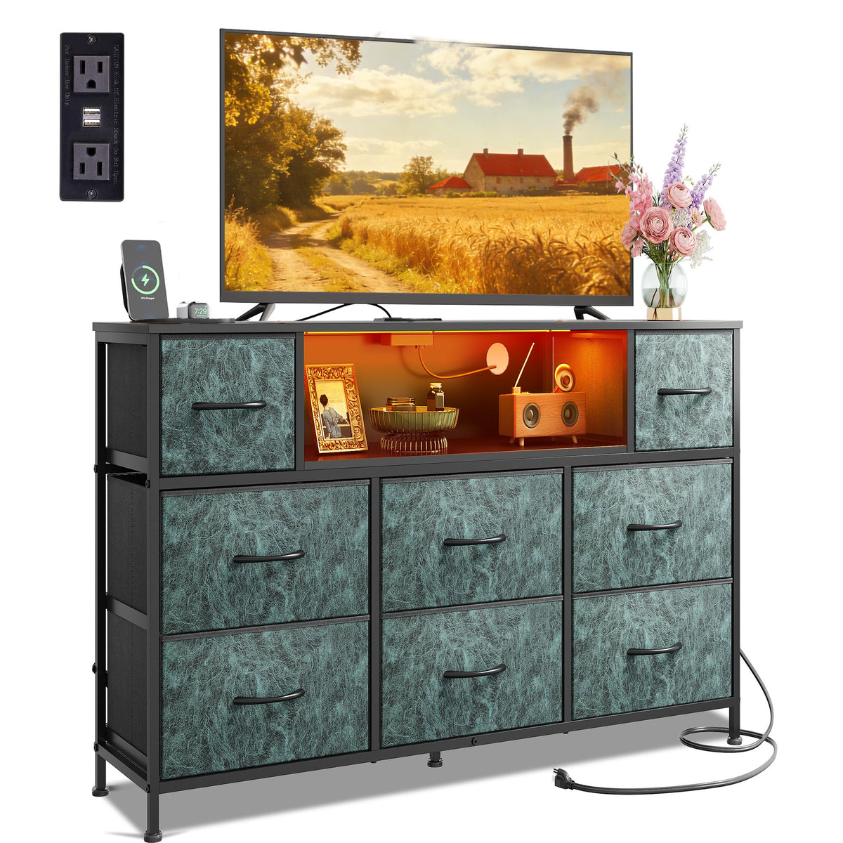 WLIVE LED Black Dresser TV Stand for 55 Inch TV, 8 Drawers