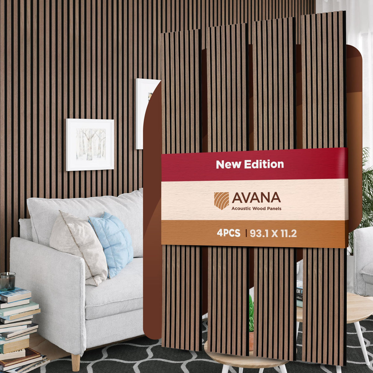 Avana Acoustic Wood Wall Panels – 93.2x11.25 Inch Panels – Fits 94x12 Layout – Rustic Walnut Acoustic Panels 4 PCs –Wall Panels For Interior Wall Decor For Homes, Offices – Durable Wood Panel For Wall