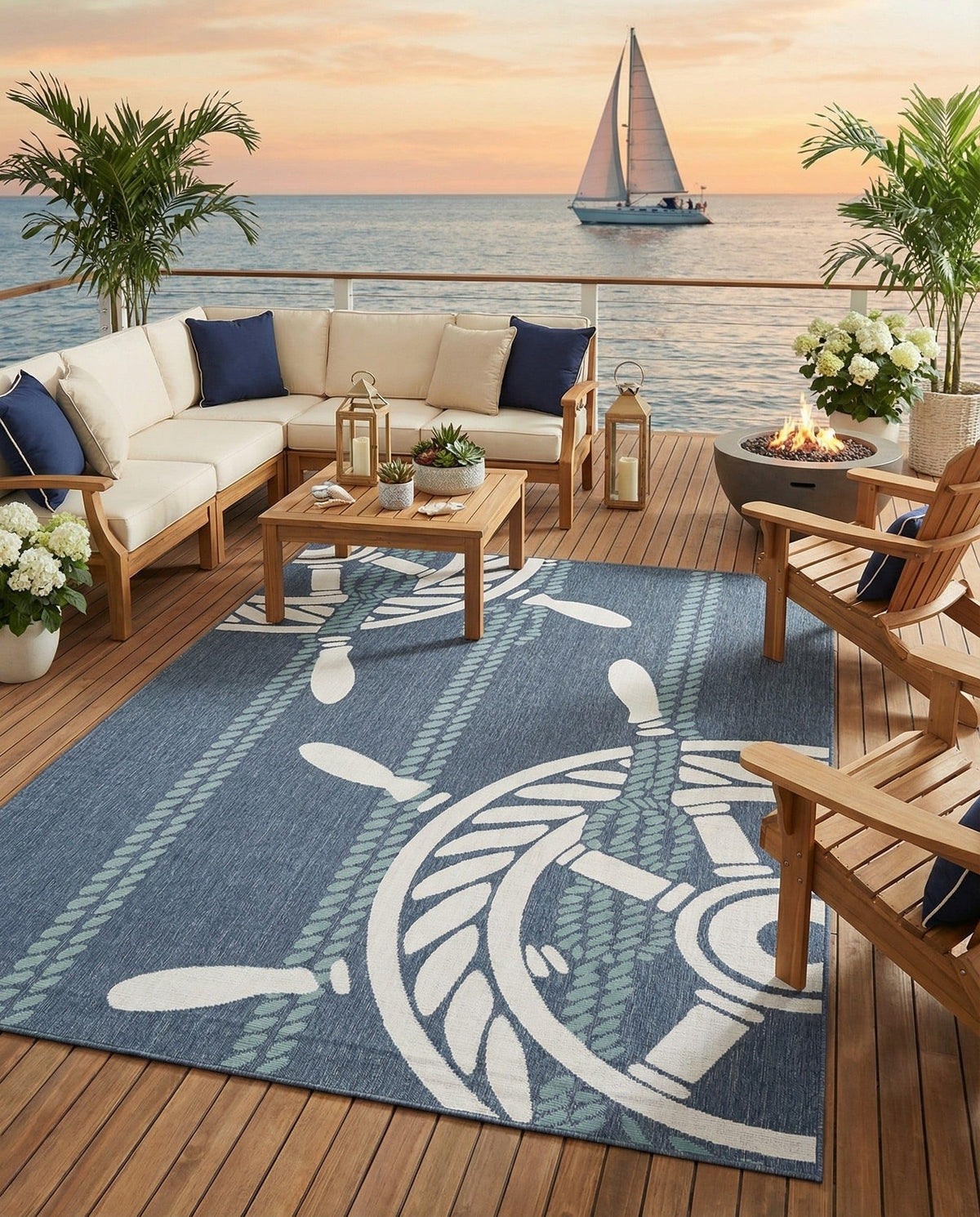 Rugs.com - Outdoor Coastal Rug – 5' 3 x 8' Navy Blue Washable Indoor/Outdoor Rug – Nautical Ship Wheel Design for Patios, Decks, and Porches