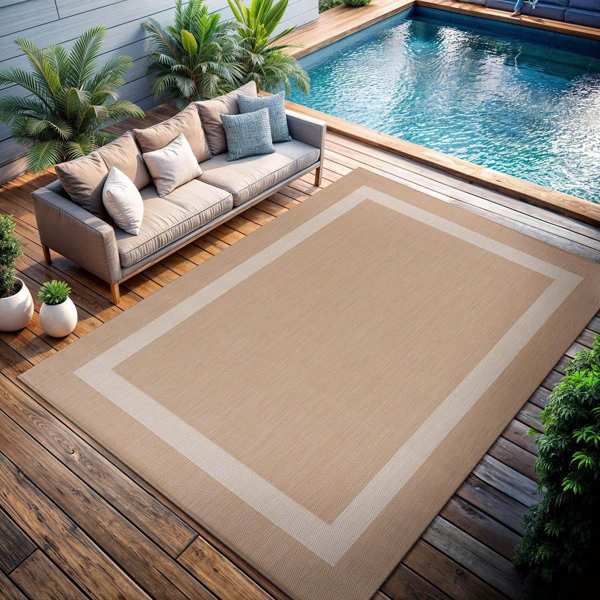 CAMILSON Outdoor Rug 6x9, Modern Outside Rugs for Patios Porches Waterproof Durable Washable Non-Shedding, Easy-to-Clean Indoor Outdoor Area Carpet (6 x 9, Bordered - Blue/White)