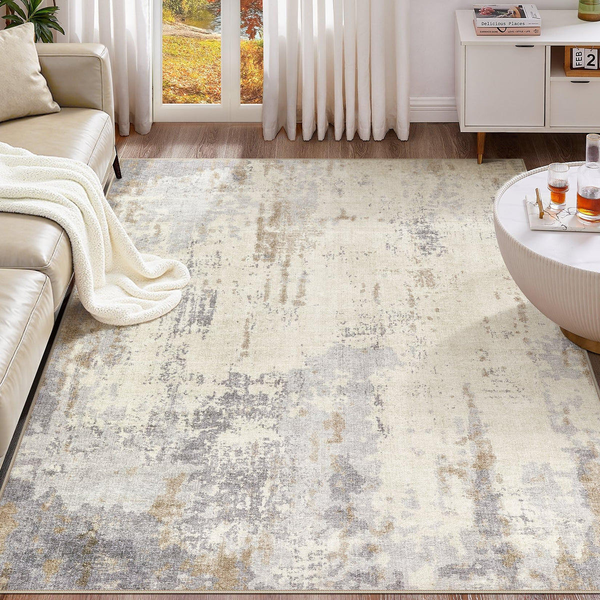 UERMEI 9x12 Area Rug Living Room Rugs - Washable Neutral Modern Abstract Soft Thin Large Rug Indoor Floor No Slip Rug Carpet for Bedroom Under Dining Table Home Office Decor - Brown Grey