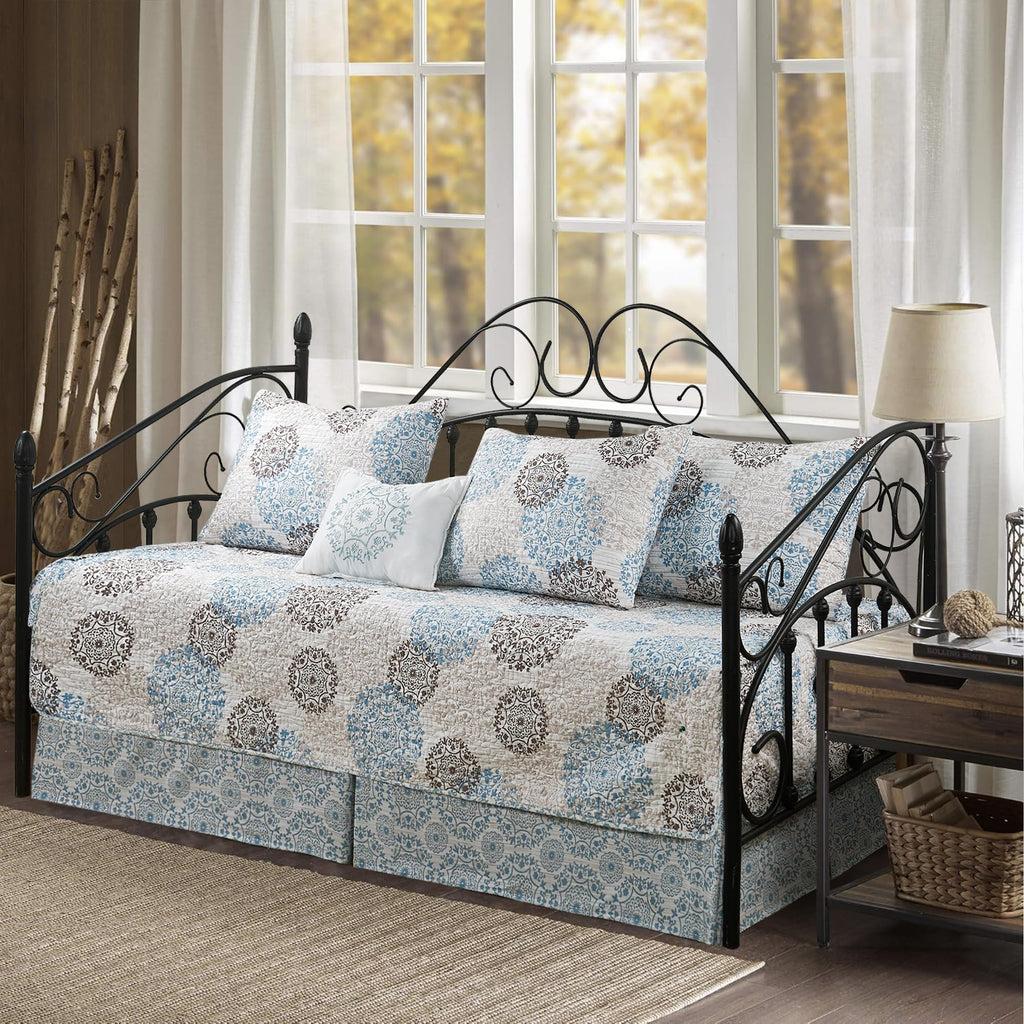 5-Piece Quilted Microfiber Daybed Cover Set with Floral Embroidery, All Season Luxurious Bedding with Matching Shams and Bed Skirt, 75"x39", Pink Flower