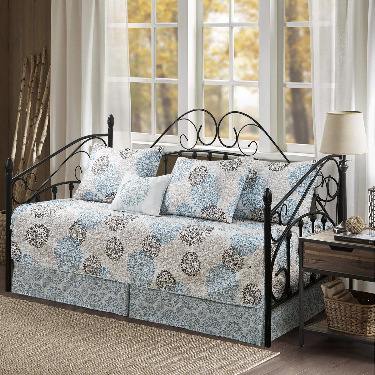 5-Piece Quilted Microfiber Daybed Cover Set with Floral Embroidery, All Season Luxurious Bedding with Matching Shams and Bed Skirt, 75"x39", Pink Flower