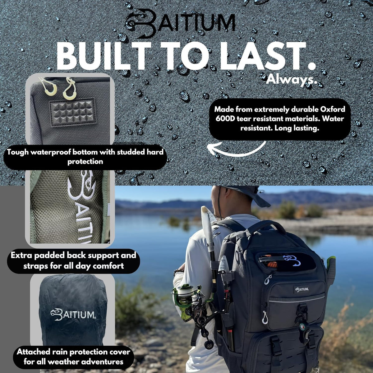 Baitium Fishing Backpack, Tackle Bag With Rod Holders, 40L Capacity With Cooler, Rain Cover, Insulated Pocket, 4 Tackle Trays Included- (Green)