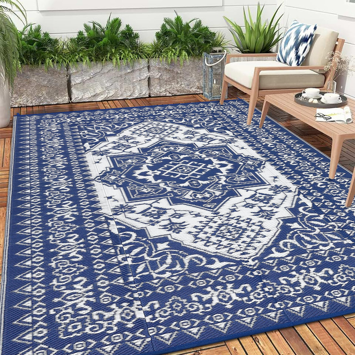 Outdoor Rugs 9x18 Reversible Mats Outdoor Plastic Straw Rug Waterproof Patio Rug Vintage Reversible Mats for Rv Deck Balcony Picnic, Beach, Trailer, Camping, Vintage|Light Blue
