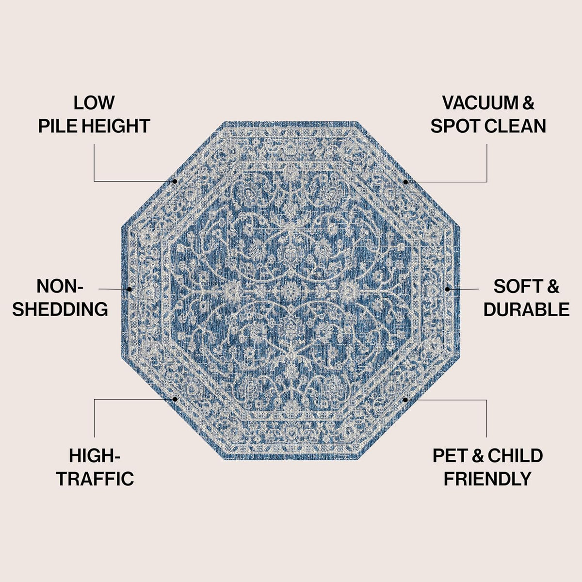 Eyely Vine and Border Octagon Area Rug 8 Ft Navy/Gray, Indoor Outdoor Rug
