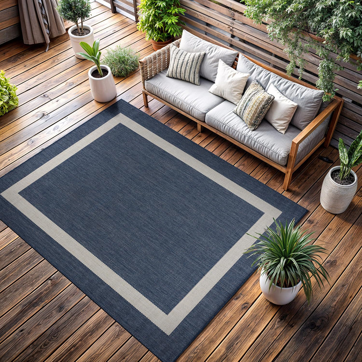 CAMILSON Outdoor Rug 6x9, Modern Outside Rugs for Patios Porches Waterproof Durable Washable Non-Shedding, Easy-to-Clean Indoor Outdoor Area Carpet (6 x 9, Bordered - Blue/White)