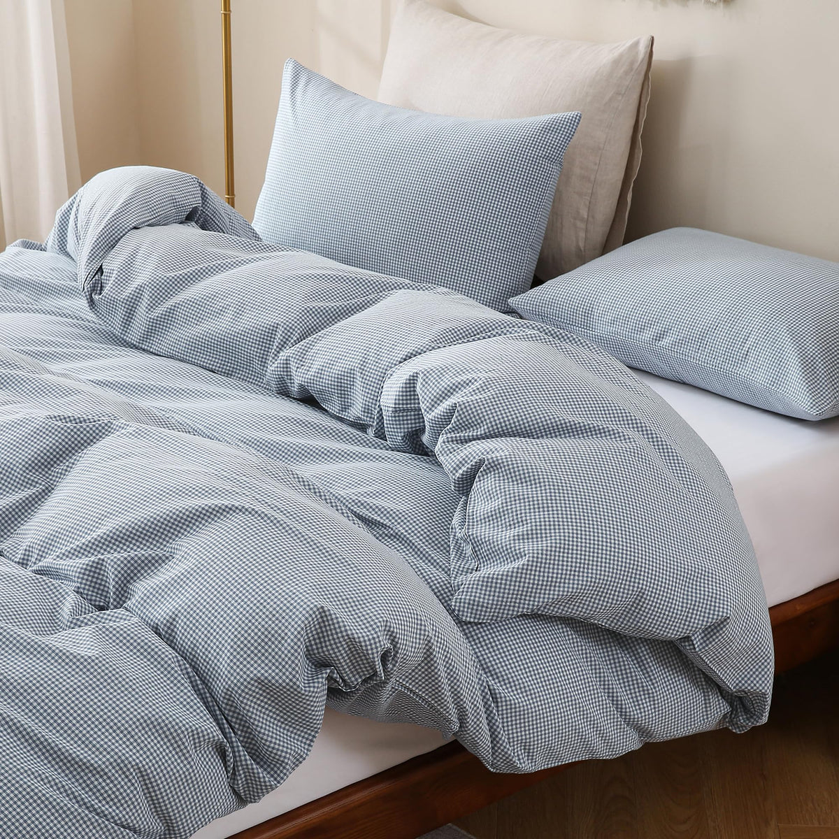 TOCOMOA Tan Gingham Duvet Cover Set Washed Cotton Like Linen, Cal King