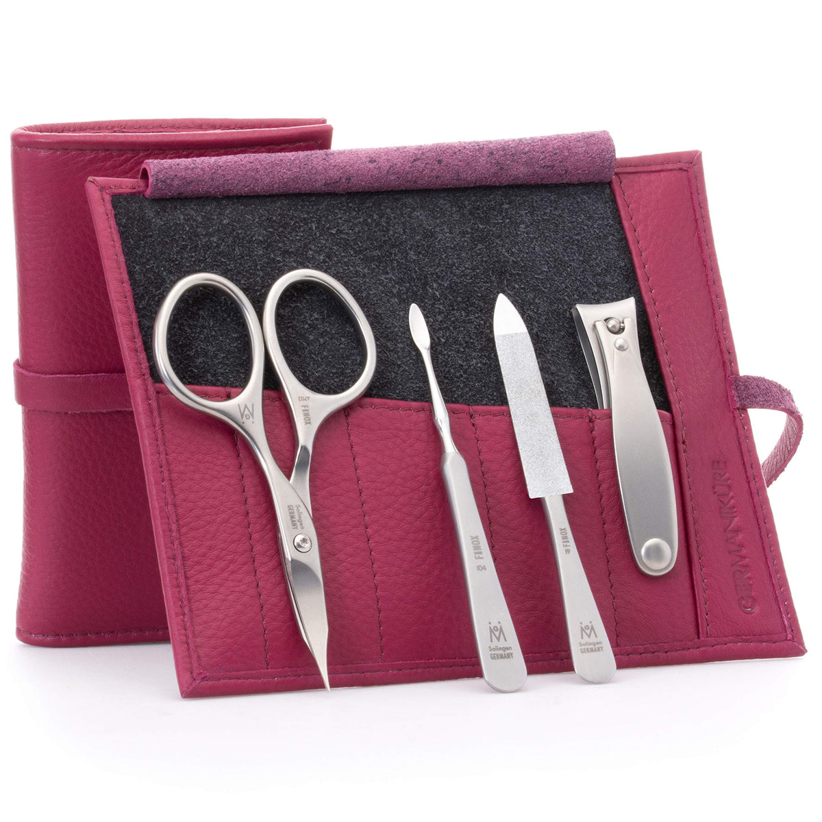 GERMANIKURE 7pc Manicure & Pedicure Set, FINOX Steel, Purple Leather Roll