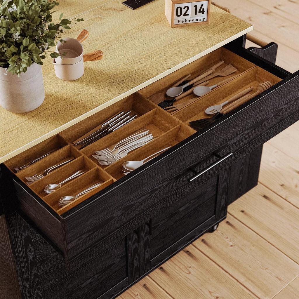 IRONCK Kitchen Island with Storage, Charging Station and Drop Leaf, Black
