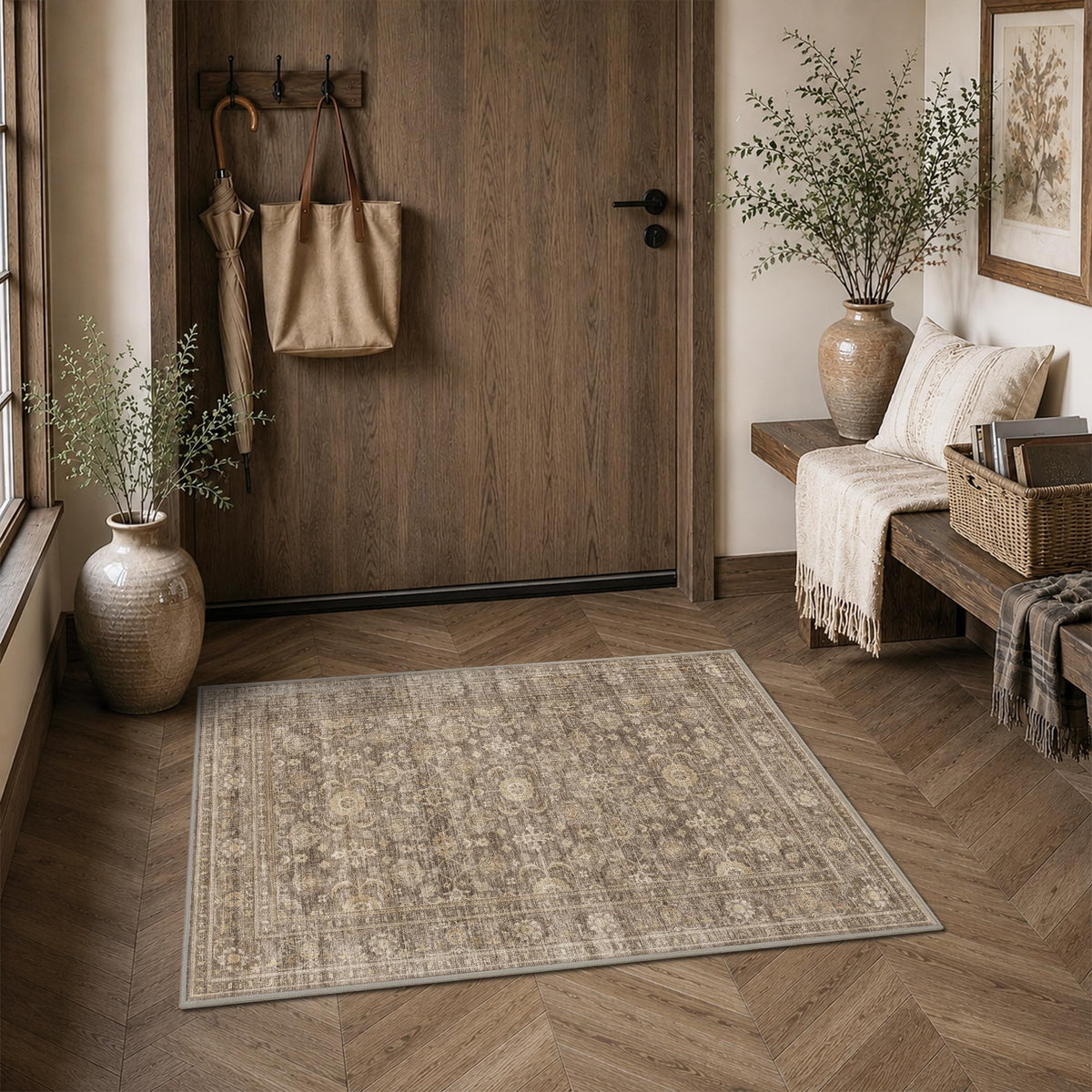 JOOJA 8x10 Dark Brown Vintage Soft Low Pile Non Slip Boho Washable Area Rug
