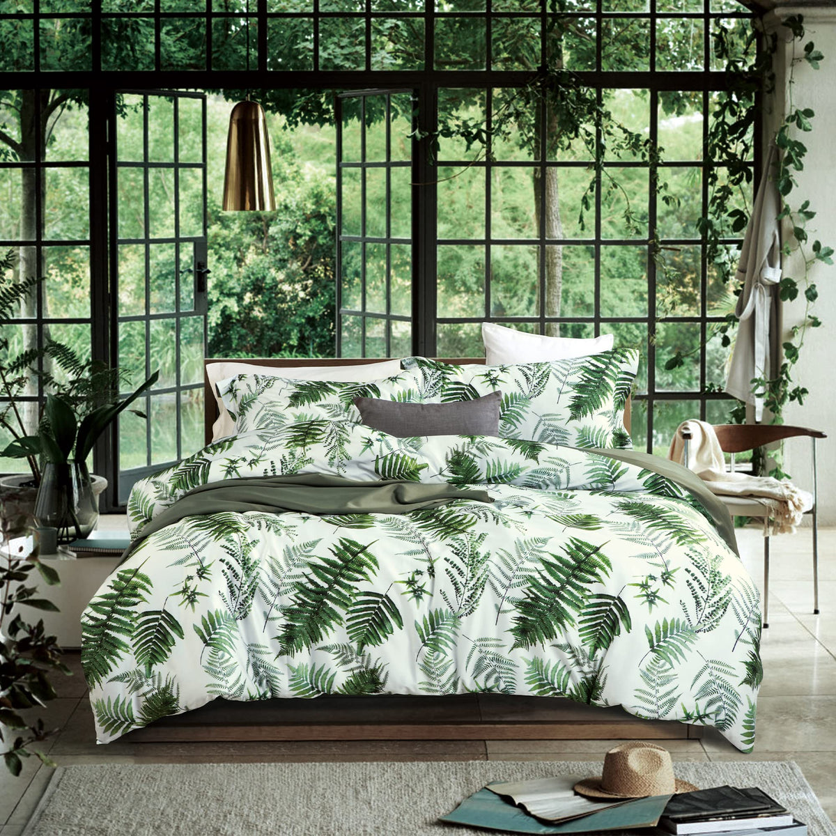 MILDLY White Floral Green Leaves Luxury Duvet Cover Set 3pcs King