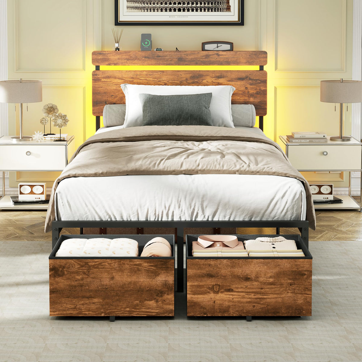 Forestell Queen Bed Frame with Wood Headboard,2 Storage Drawers & Shelf
