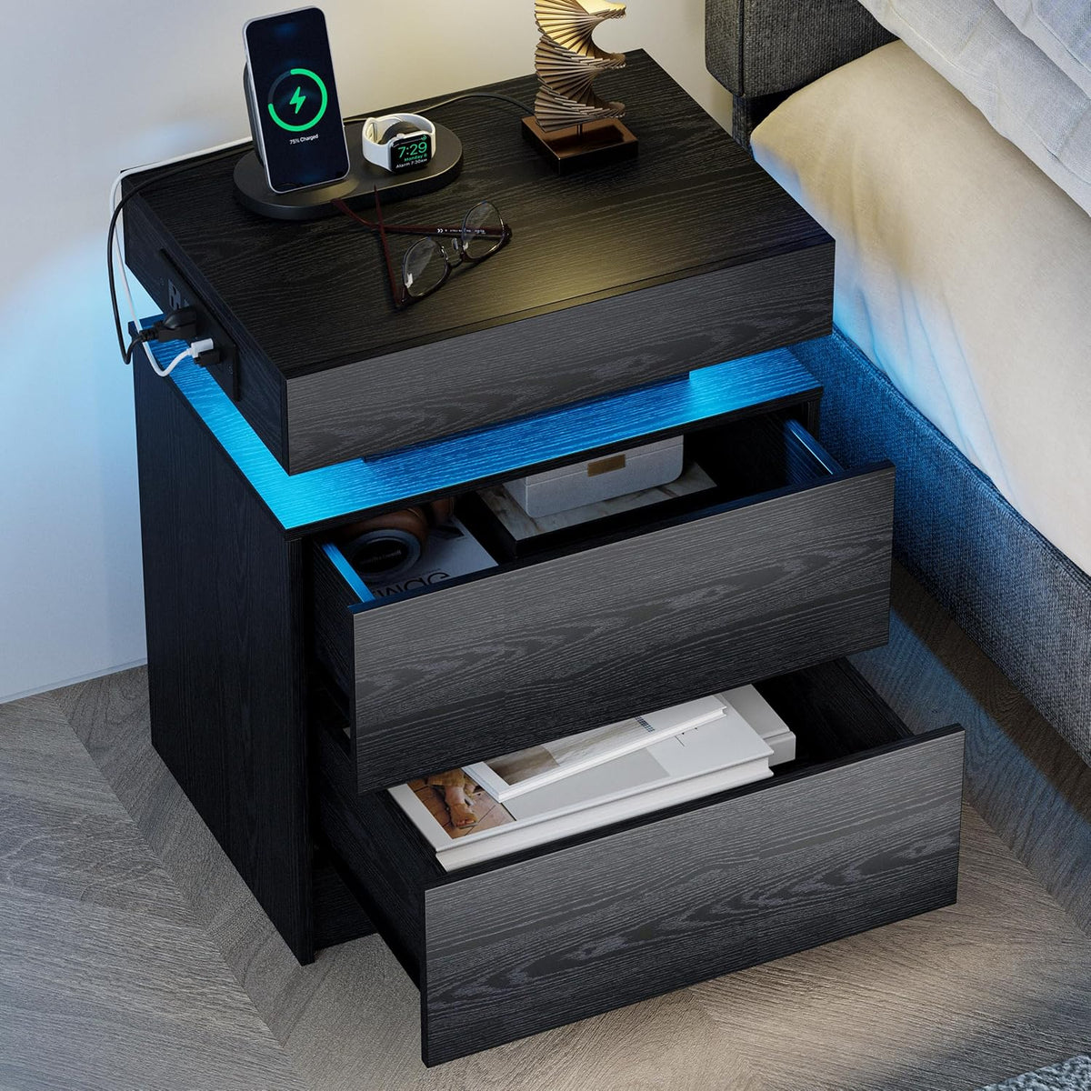 LIKIMIO Nightstand with Charging Station LED Light and 2 Drawers Black