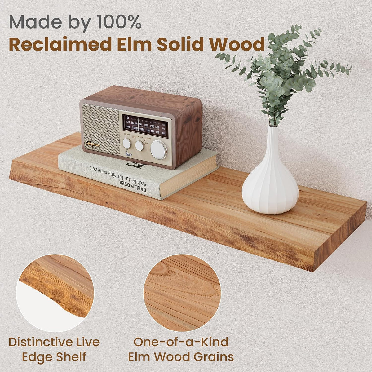Floating Shelves for Wall, Solid Elm Wood Shelves, 24in Set of 2, Natural