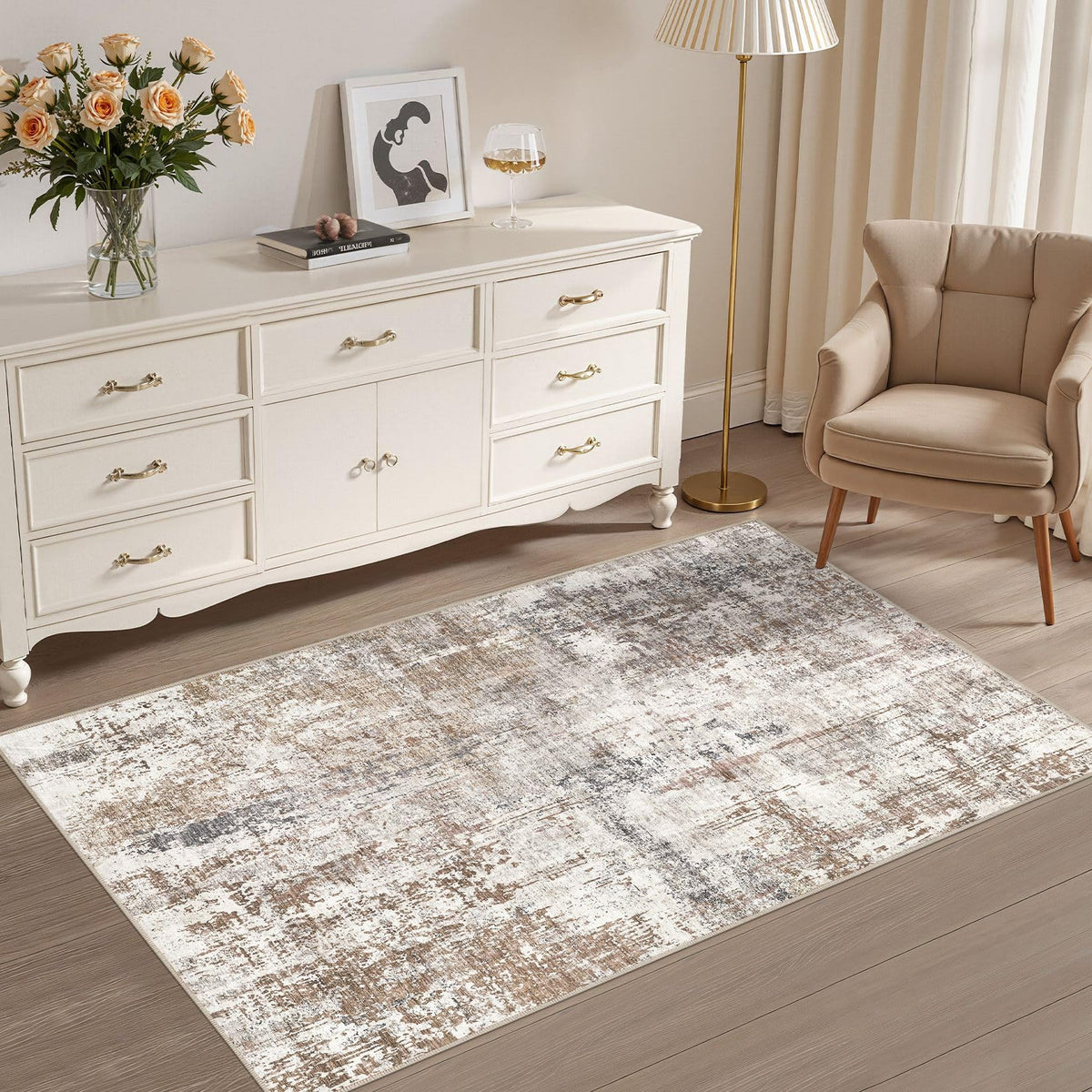 UERMEI 9x12 Area Rug Living Room Rugs - Washable Neutral Modern Abstract Soft Thin Large Rug Indoor Floor No Slip Rug Carpet for Bedroom Under Dining Table Home Office Decor - Brown Grey