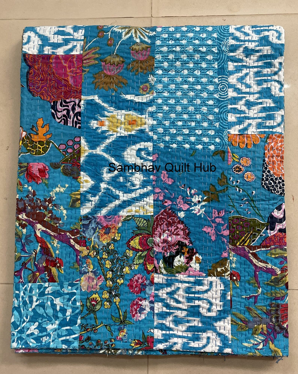Traditional Handblock Print Multi Floral Assorted Cotton Patchwork Kantha Quilt Home Decorative Handmade Patch Quilted King Size Bohemian Bedding Throw Blanket Vintage Quilt (Yellow, 108X108 inches)