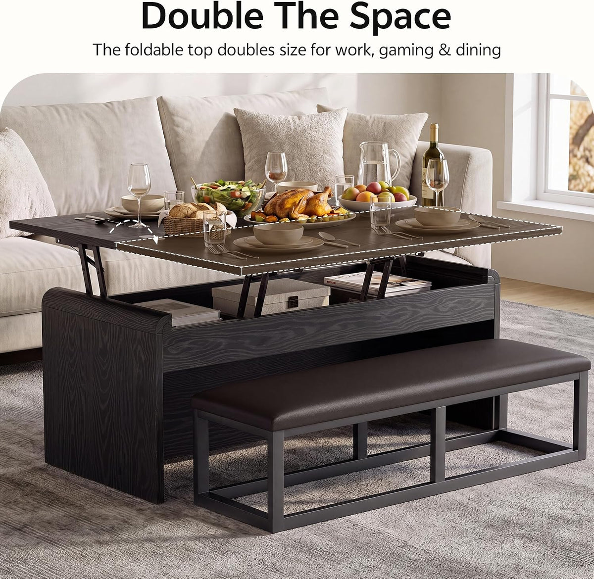 Dual Lift Top Coffee Table Set with Bench, 40 Inches, Black