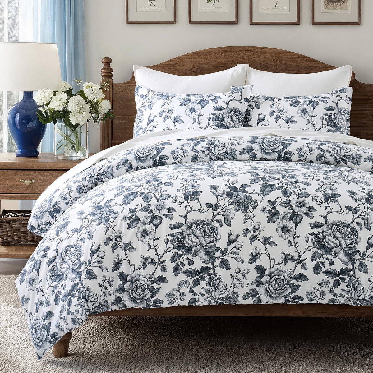 EverGrace 100% Cotton Sateen Duvet Cover Set, King Size, Blue Linen