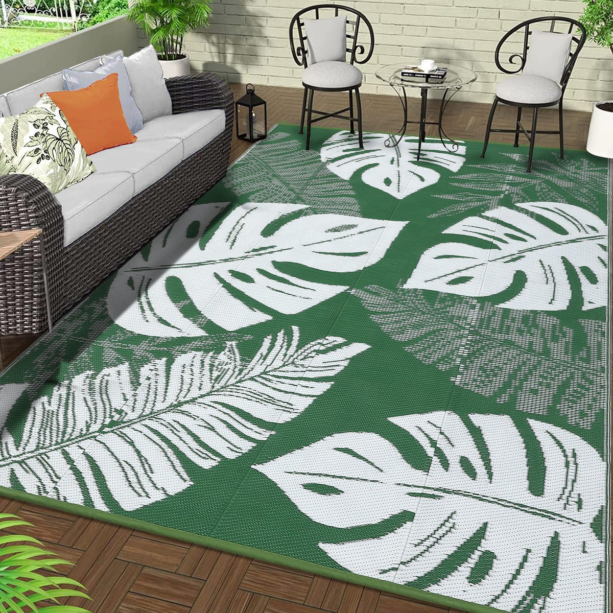 Outdoor Rugs 9x18 Reversible Mats Outdoor Plastic Straw Rug Waterproof Patio Rug Vintage Reversible Mats for Rv Deck Balcony Picnic, Beach, Trailer, Camping, Vintage|Light Blue
