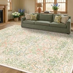 Floral Dark Green Washable Area Rugs 8x10, Vintage Living Room Rug