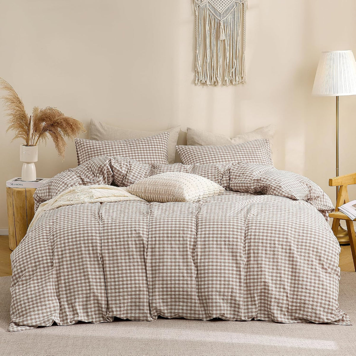 TOCOMOA Tan Gingham Duvet Cover Set Washed Cotton Like Linen, Cal King